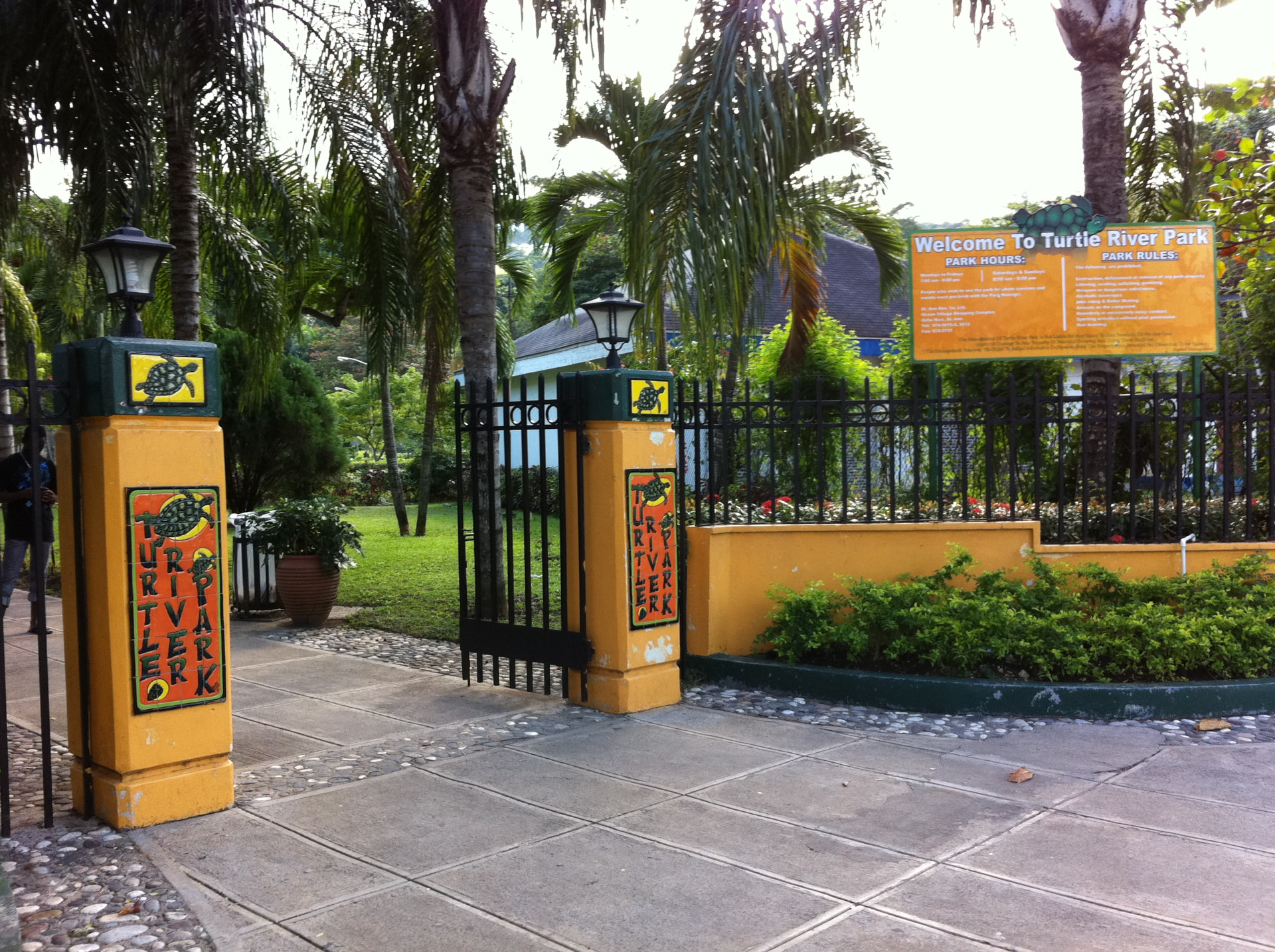 The colourful entrance gate and sign at Turtle River Park in Ocho Rios