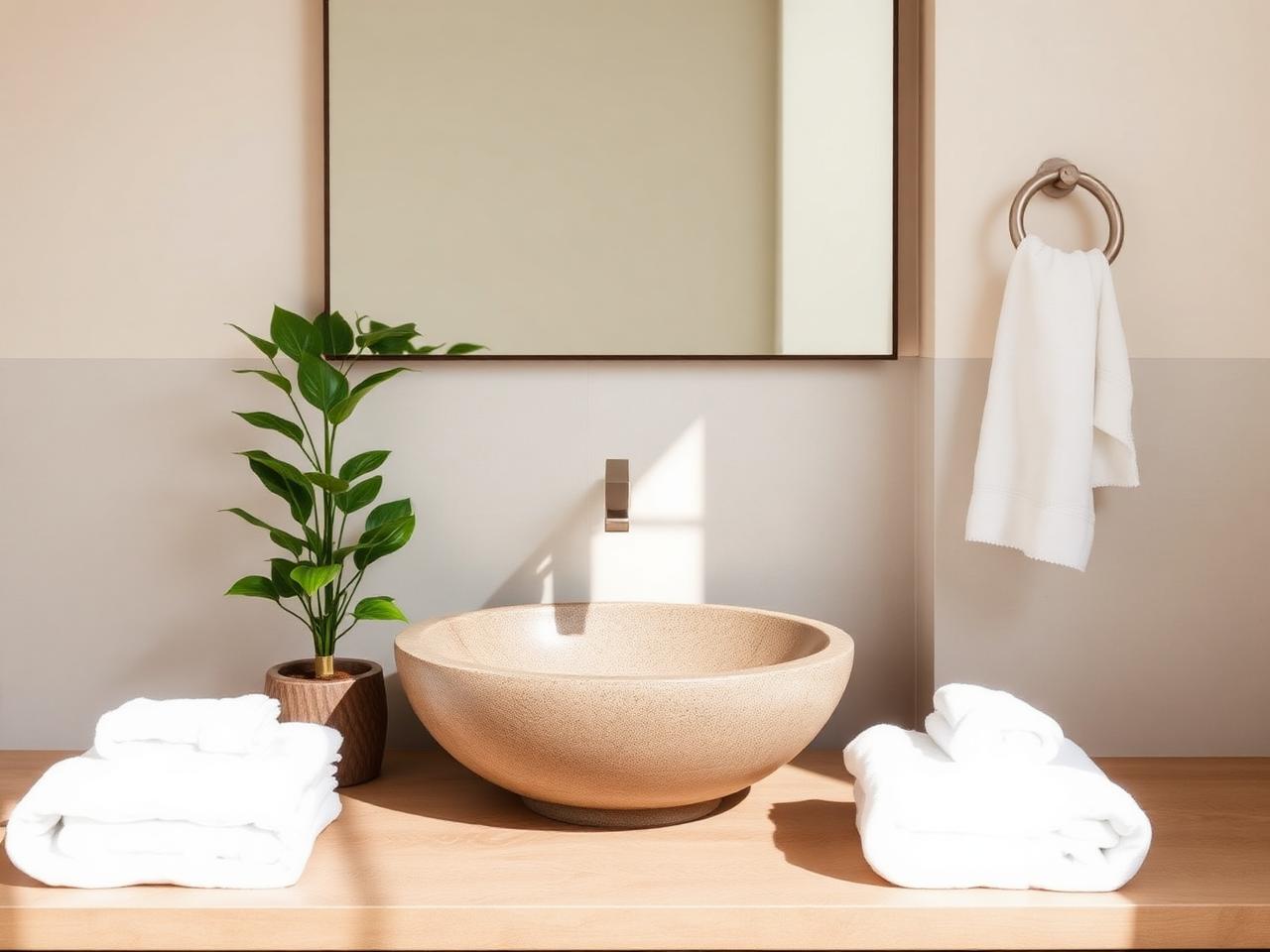 Temporary placeholder photograph of a bathroom vanity with folded white towels