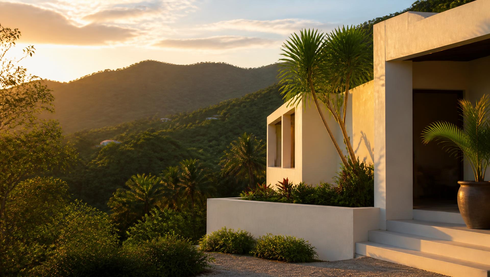 Temporary placeholder photograph of a hillside villa exterior surrounded by tropical greenery at golden hour