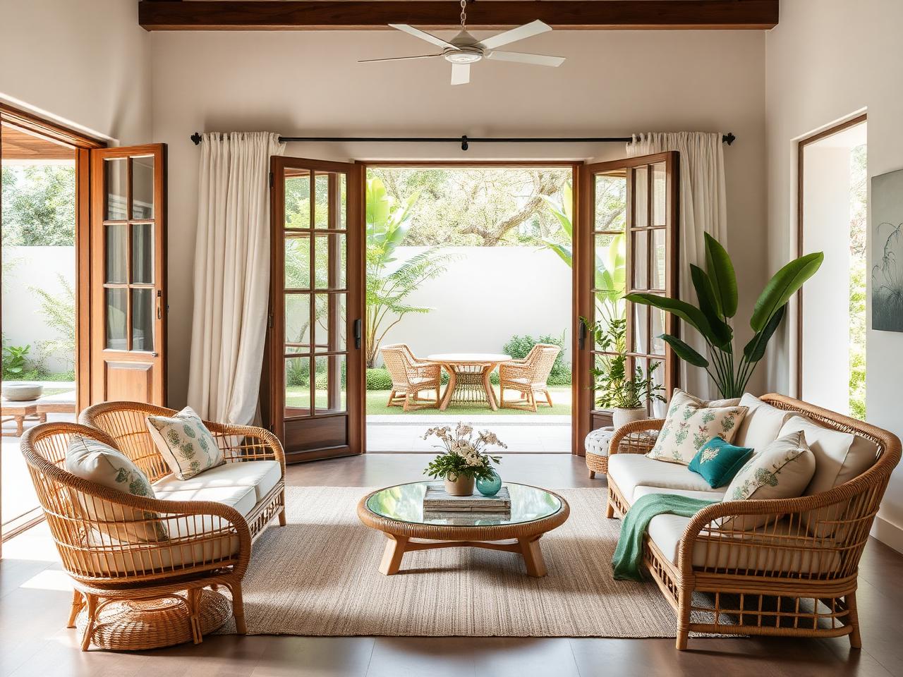 Temporary placeholder photograph of a bright, airy living space with rattan seating opening onto a garden